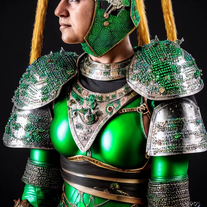 Prompt: photograph of a real-life beautiful! female warrior with emerald encrusted armour. Extremely detailed. 8k