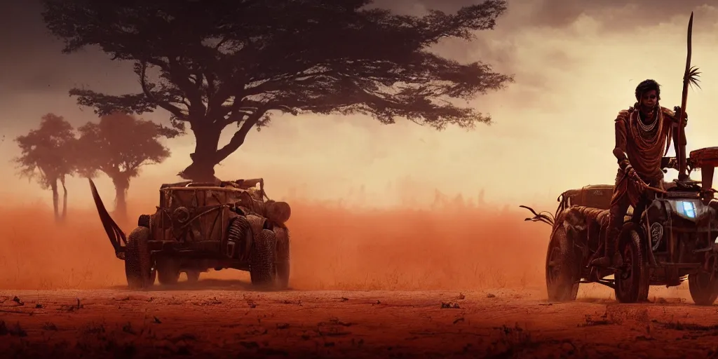 Prompt: solo ancient indian tribesman hunting on atv, chase ,attacking, action scene, an epic fantasy, dramatic lighting, cinematic, establishing shot, extremely high detail, photorealistic, cinematic lighting, artstation, octane render, by simon stalenhag, horizon forbidden west,old photo, high speed photography, vintage, mad max