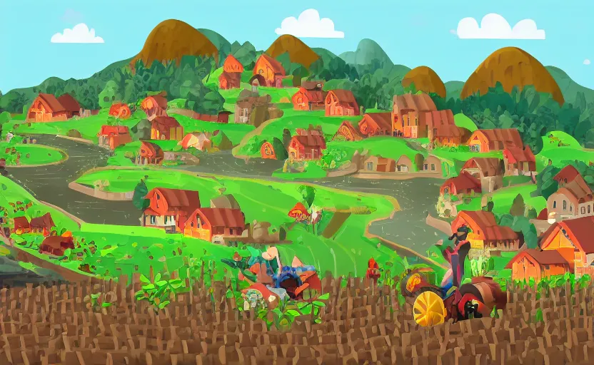 Prompt: some villagers busy farming in a small village in a valley, a dragon approaching from a distance, vector, storybook, gouache, flat, sharp edges, concept art, print