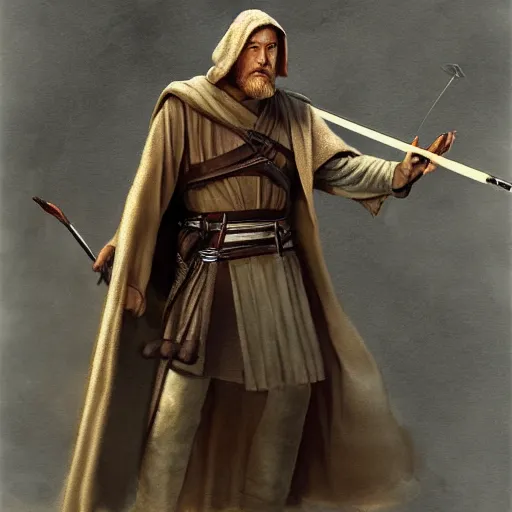 Prompt: Obi Wan Kenobi with bow and arrows, Dungeons and Dragons, character art, matte painting, Rembrandt, Monet, detailed