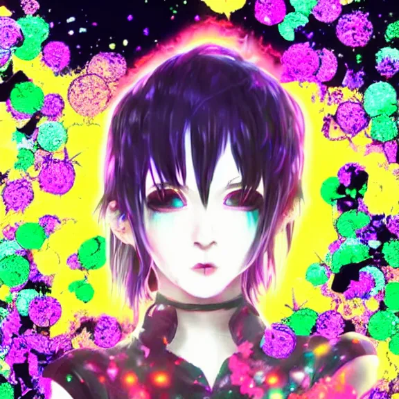 Image similar to photo of a emo manic pixie dream girl, 8k, portrait | sanrio glitchcore yokai girl, shadowverse character concept, found footage horror, glitter gif