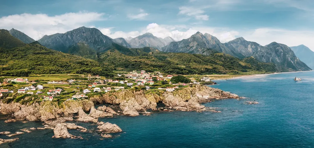 Image similar to the landscape of a beautiful coastal village with mountains in the background, in summer, award-winning photography