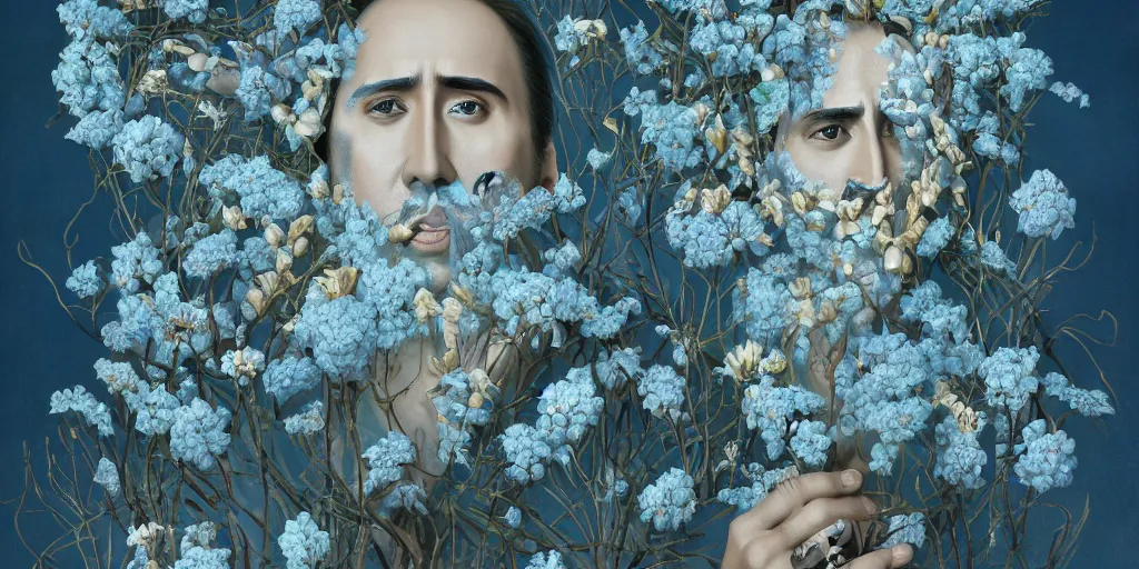 Image similar to breathtaking detailed concept art painting art deco pattern of nicolas cage faces amalmation light - blue flowers with anxious piercing eyes and blend of flowers and birds, by hsiao - ron cheng and john james audubon, bizarre compositions, exquisite detail, extremely moody lighting, 8 k