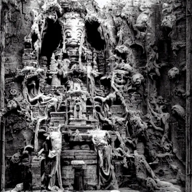 Image similar to temple made of flesh, blood temple, vintage horror movie film still