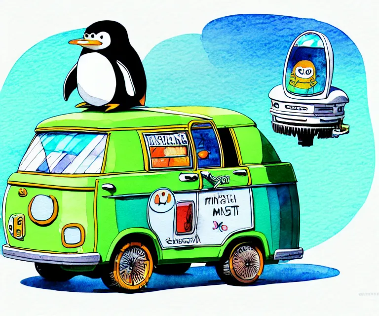 Prompt: cute and funny, penguin wearing a helmet riding in a tiny mystery machine van with an oversized engine, ratfink style by ed roth, centered award winning watercolor pen illustration, isometric illustration by chihiro iwasaki, edited by range murata, tiny details by artgerm and watercolor girl, symmetrically isometrically centered, sharply focused