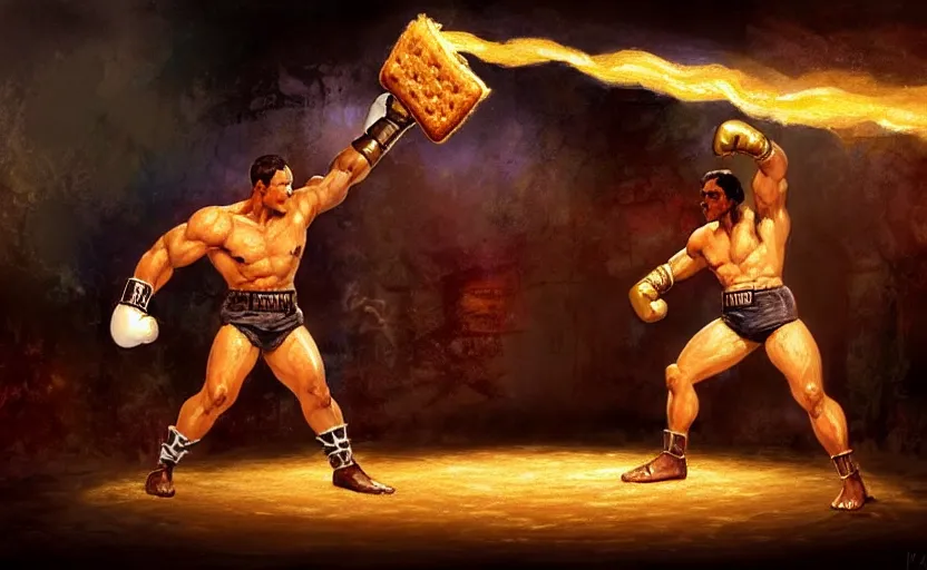 Image similar to a boxer made completely out of toast and bread ; magic : the gathering fantasy character concept art by frank frazetta and marco bucci, high resolution. boxing ring in the background, dramatic stadium lighting, fantasy coloring, intricate, digital painting, artstation, smooth, sharp focus