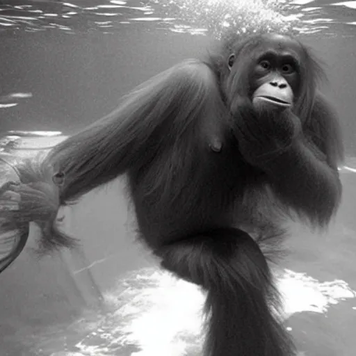 Prompt: deep sea footage of an orangutan captured by an rov, underwater photograph