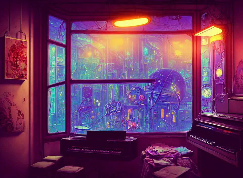 Prompt: telephoto 7 0 mm f / 2. 8 iso 2 0 0 photograph depicting the experience of chrysalism in a cosy cluttered french sci - fi ( art nouveau ) cyberpunk street in a pastel dreamstate art cinema style. ( terrarium, computer screens, window ( street ), leds, lamp, ( ( ( piano ) ) ) ), ambient light.