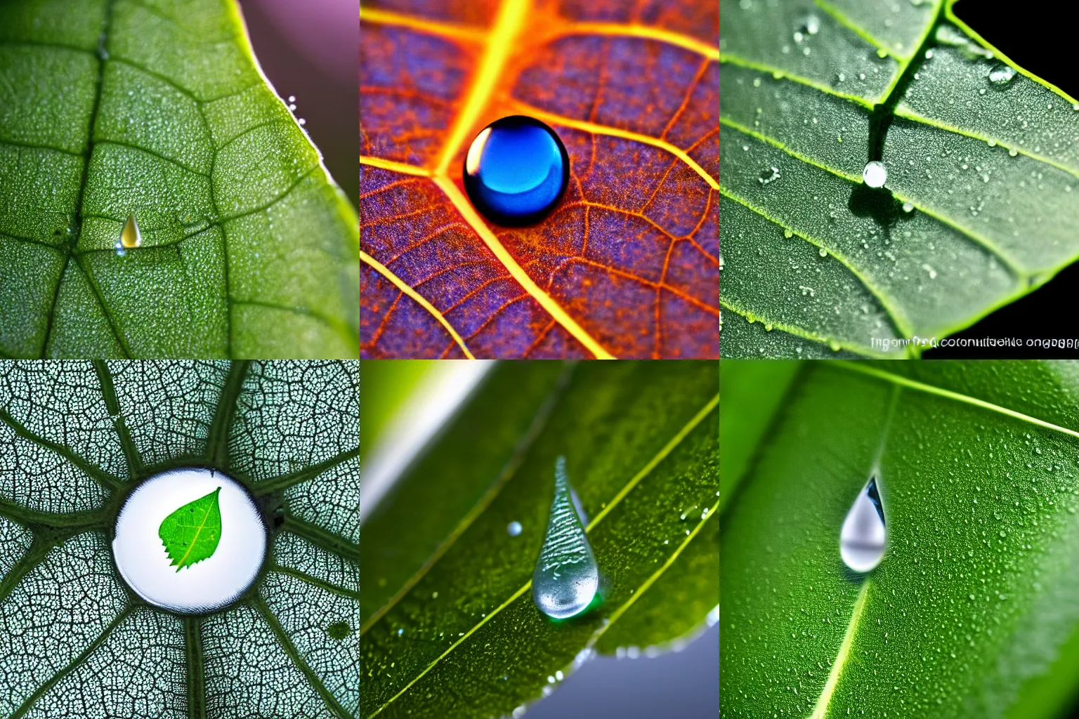 Prompt: extreme macro photography : ( subject = a single water droplet of water containing a small glowing star on a leaf in evening sunlight ), zeiss macro lens f / 1 1 aperture