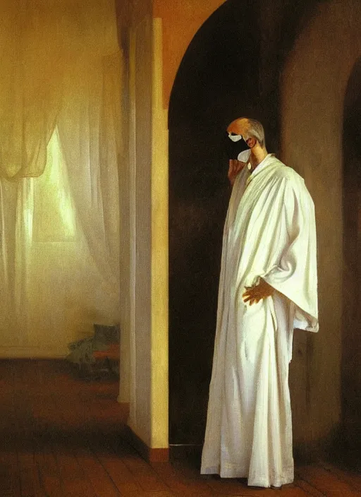 Prompt: an oil painting of a tall person in flowing white robes wearing a white venetian carnival mask standing in a gloomy dark room with hazy sunlight streaming through the window, in the style of john singer sargent, greg rutkowski, maxfield parrish and alphonse mucha