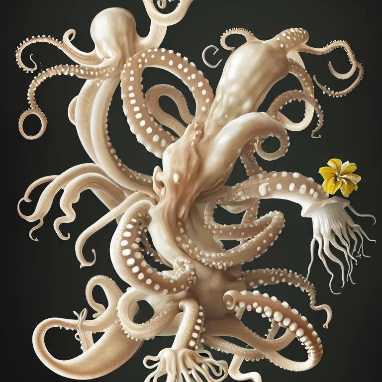 Prompt: still life of tropical flowers, white alien squid, white octopus, tropical flowers, surreal alien ribbed tropical fruit, white human spine, baroque painting, beautiful detailed intricate insanely detailed octane render trending on Artstation, 8K artistic photography, photorealistic, chiaroscuro, Raphael, Caravaggio