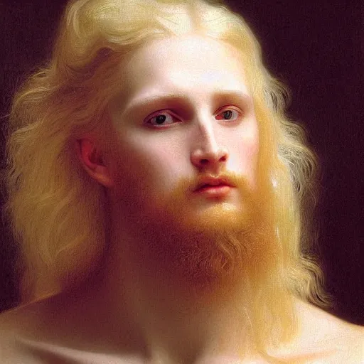 Image similar to PORTRAIT Painting of an albino germanic male Venus Apollo. LONG CURLY light blond hair. Sharp angular face high cheekbones hooked nose. Art by william adolphe bouguereau. During golden hour. Extremely detailed. Beautiful. 4K. Award winning.