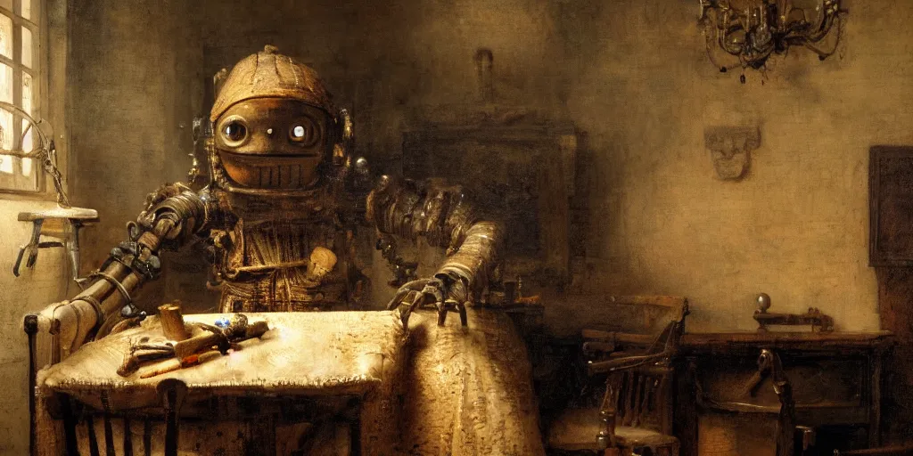 A Rembrandt painting of a humanoid robot carefully | Stable Diffusion ...