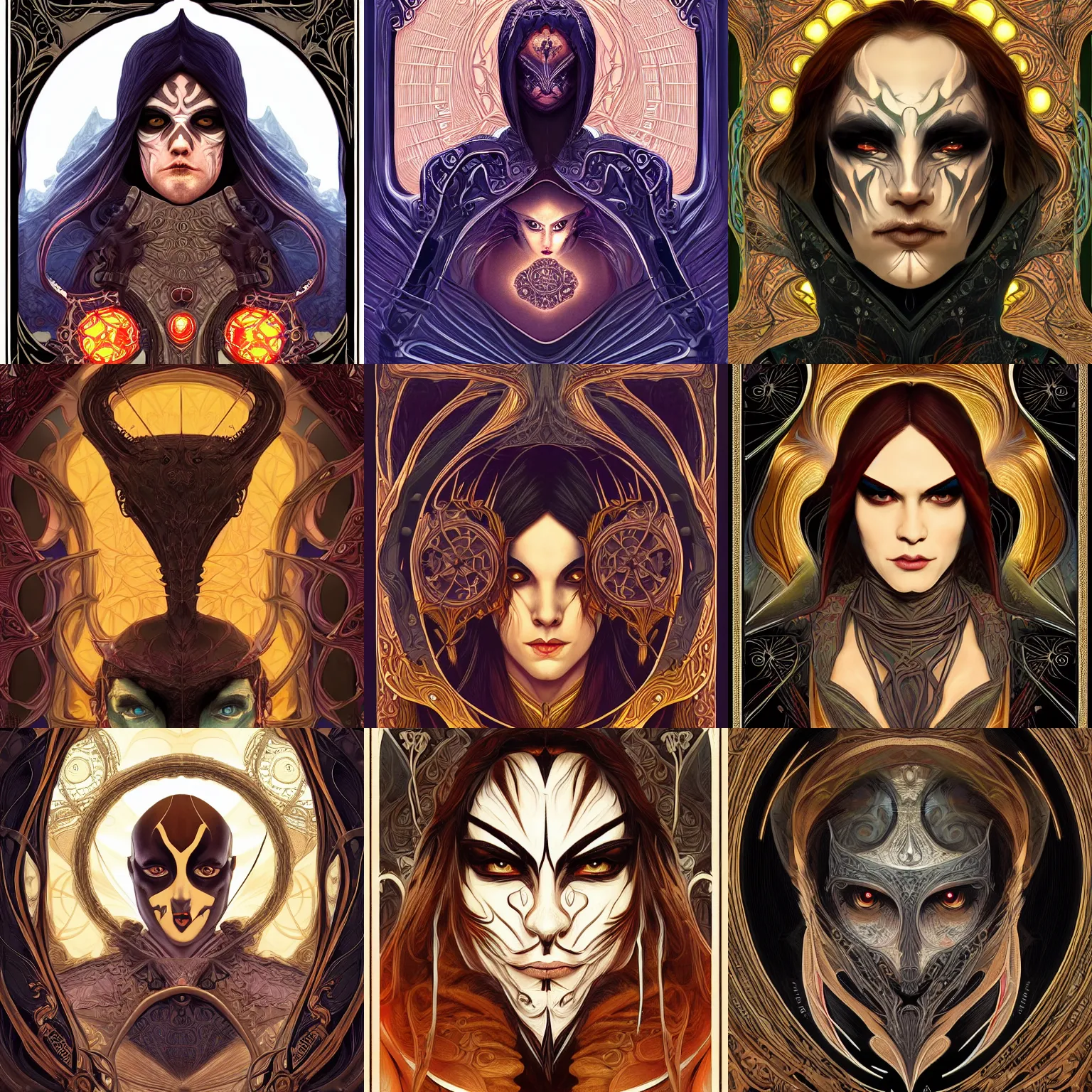 Prompt: head-on symmetrical centered painted portrait, male imp rogue assassin, art nouveau, tarot card style, complex fractal tarot card background, fantasy, intricate, elegant, highly detailed, smooth, sharp focus, illustration, artstation, in the style of Artgerm and Anna Podedworna and Alex Ross and Mucha