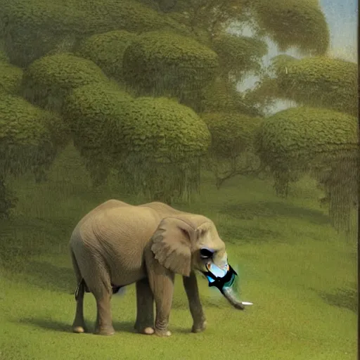 Image similar to Portrait of an elephant on a green meadow, style Franklin Booth