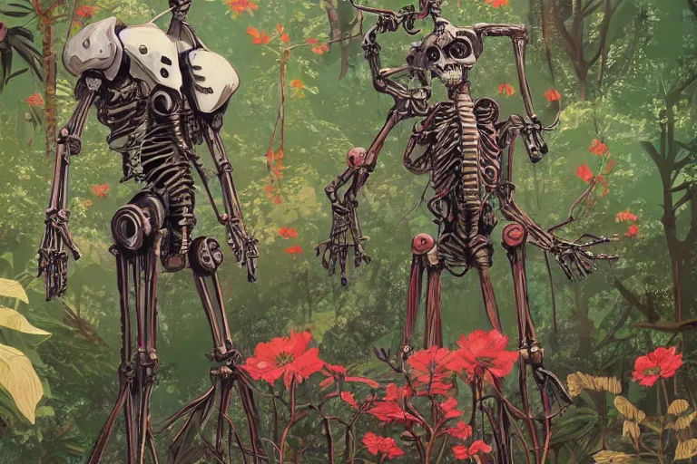 Image similar to 2 d gouache illustration, a lot of exotic vegetation, trees, tremendous skeletal robotic ancient gigantic robot, flowers, oldschool vintage sci - fi flat surreal design, super - detailed, painting by satoshi kon, hd, 4 k, high quality