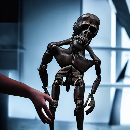 Image similar to futuristic cyborg holding hands with homo habilis, hd photograph, photo in a studio room