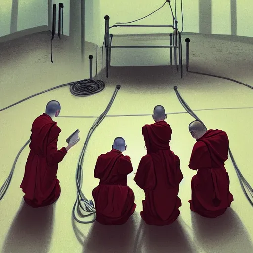 Image similar to 5 monks kneeling in a circle with wires coming out of the back of their heads connecting them to a computer in the center, dark shadowy surroundings, dystopian scifi, horror, Stefan Koidl inspired