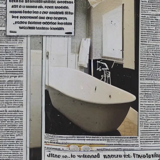 Image similar to a newspaper clipping with a photo showing a luxurious bathroom with a smashed mirror shattered on the floor