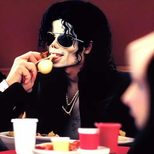 Prompt: Michael Jackson having lunch with Prince at a McDonald's, flash photography, high resolution, 8k