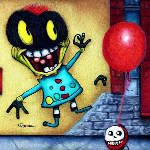 Image similar to grunge painting of spongebob with a wide smile and a red balloon by chris leib, loony toons style, pennywise style, corpse bride style, horror theme, detailed, elegant, intricate