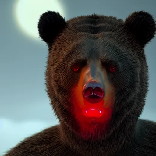 Prompt: a bear with red glowing eyes. angry. in a dark sourrounding. unreal engine 5. hd