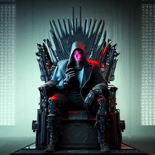 Image similar to evil cyberpunk dark lord sitting on a throne, highly detailed, photorealistic portrait, bright studio setting, studio lighting, crisp quality and light reflections, unreal engine 5 quality render