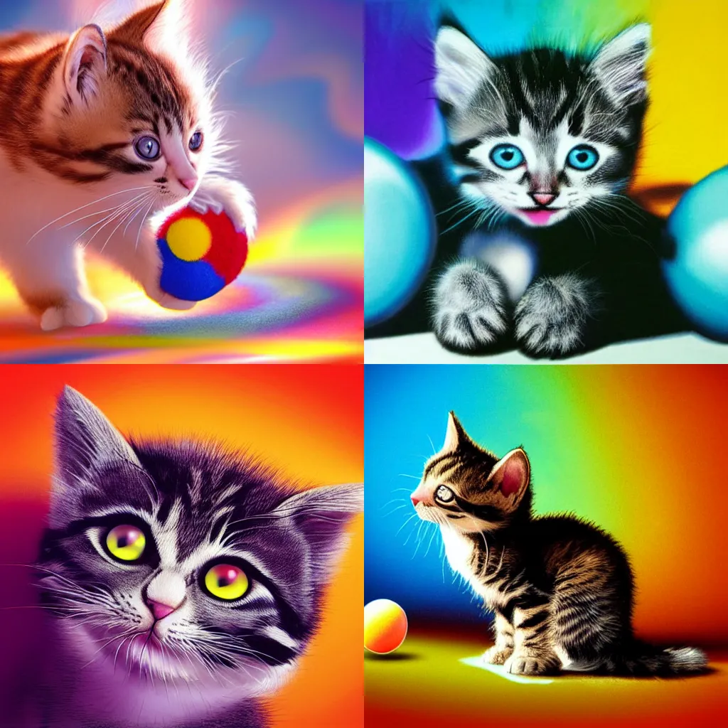 Prompt: a happy kitten playing with a fur ball on a sunny day colorful hyperrealism volumetric light detailed