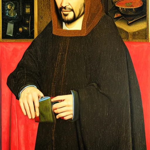 Image similar to portrait of keanu reeves, oil painting by jan van eyck, northern renaissance art, oil on canvas, wet - on - wet technique, realistic, expressive emotions, intricate textures, illusionistic detail