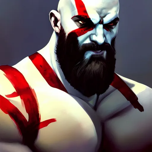 Image similar to Greg Manchess portrait painting of Kratos as Overwatch character, medium shot, asymmetrical, profile picture, Organic Painting, sunny day, Matte Painting, bold shapes, hard edges, street art, trending on artstation, by Huang Guangjian and Gil Elvgren and Sachin Teng