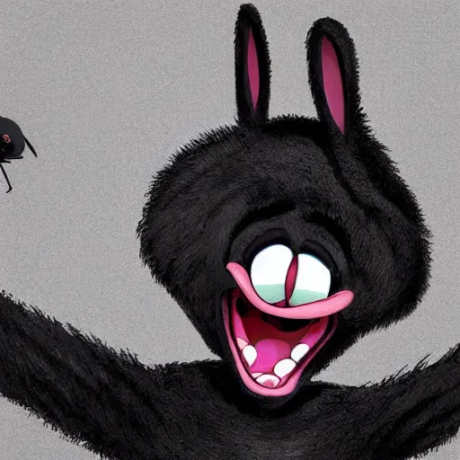 Image similar to A extremely highly detailed majestic hi-res beautiful, highly detailed head and shoulders portrait of a scary terrifying, horrifying, creepy black cartoon rabbit with scary big eyes, earing a shirt laughing, hey buddy, let's be friends, in the style of Walt Disney