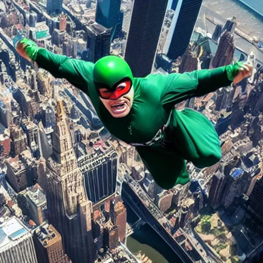 Image similar to Hulk in a wingsuit flying over NYC