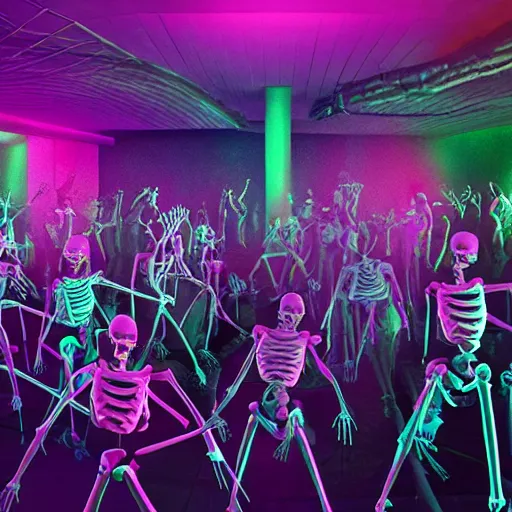 Image similar to photo, a giant crowd of realistic anatomically correct claymation skeletons dancing sensually and cool inside a colorful futuristic night club, colorful dramatic unique lighting