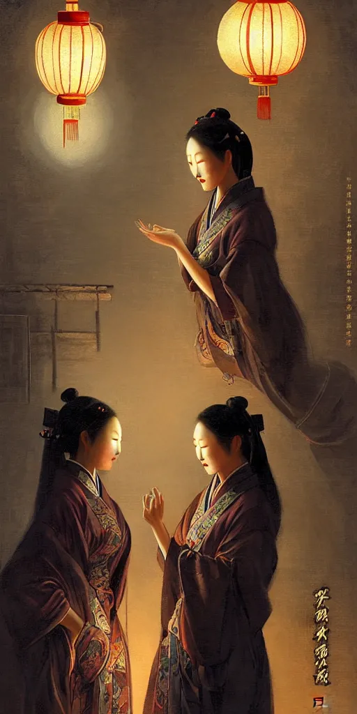 Image similar to mid - autumn night, ancient chinese women look at lanterns together, fine details. night setting. realistic shaded lighting poster by craig mullism, artgerm, jeremy lipkin and michael garmash, unreal engine, radiant light, detailed and intricate environment, digital art,