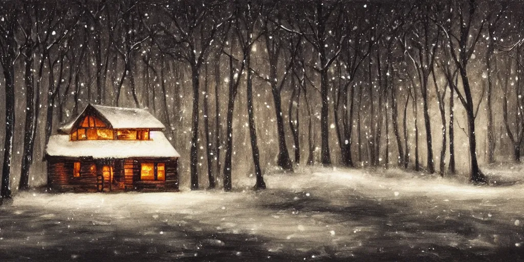 Image similar to snowy forest night scene in a single wooden cabin surrounded by the woods with one illuminated window, horror dark contrast, oil painting