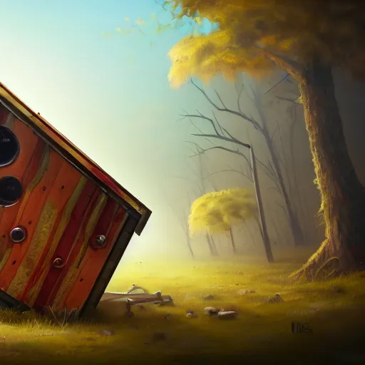 Image similar to a walking wood and metal house with two legs and two big eyes, rust, hyperrealistic, highly detailed, cinematic, single ray of sun, morning, pareidolia, gravity falls style, beautiful, cgssociety, artstation, 8 k, oil painting, digital art