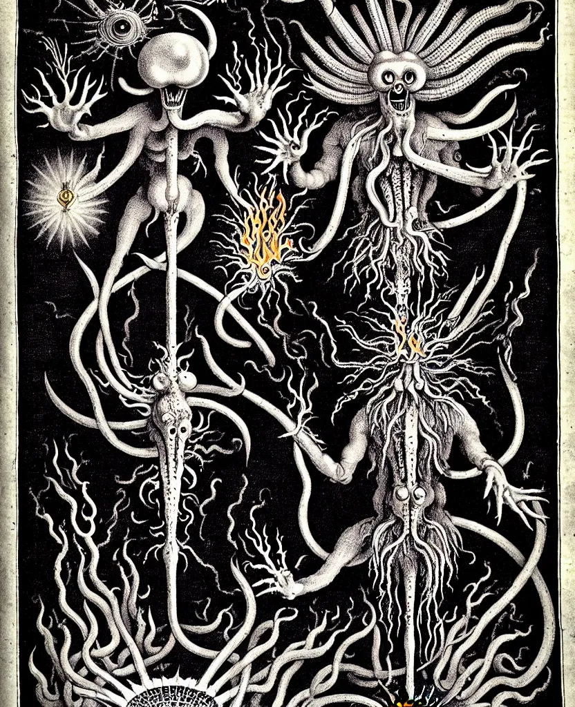 Prompt: fiery freaky creature sings a unique canto about'as above so below'being ignited by the spirit of haeckel and robert fludd, breakthrough is iminent, glory be to the magic within