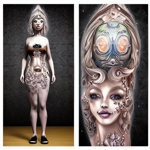 Image similar to blonde girl in a cosmic dress, full-body tattoos, ornate, rococo, grotesque, zbrush art, majestic, organics, silver filigree