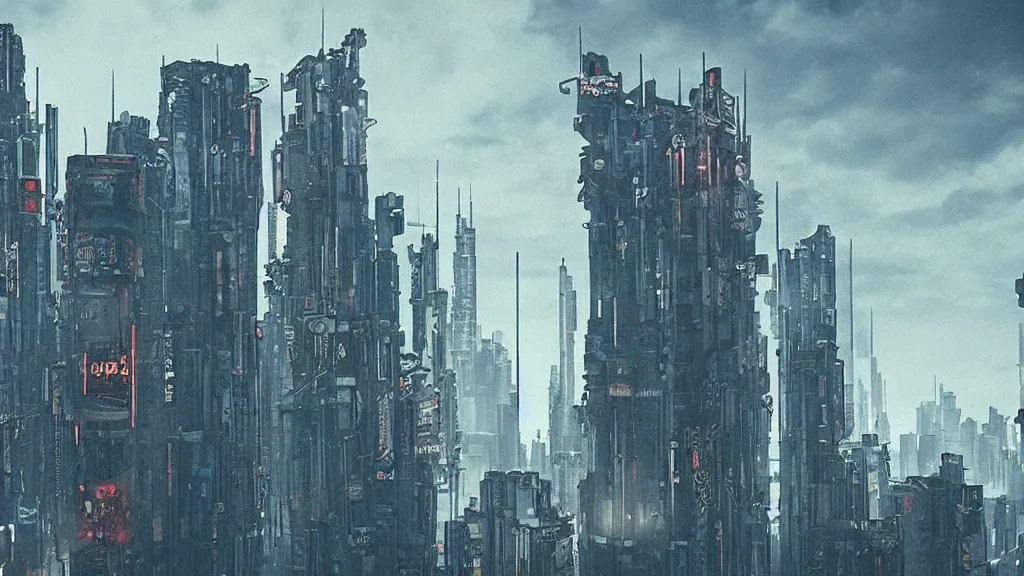Prompt: an ancient cyberpunk tallbuilding, film still, epic shot cinematography