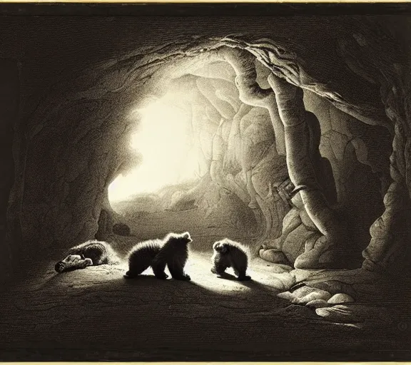 Image similar to viewer looking into dark cave and seeing a mother bear and her cubs sleeping, night time, artwork by Pieter Claesz, cross hatching, framed painting,