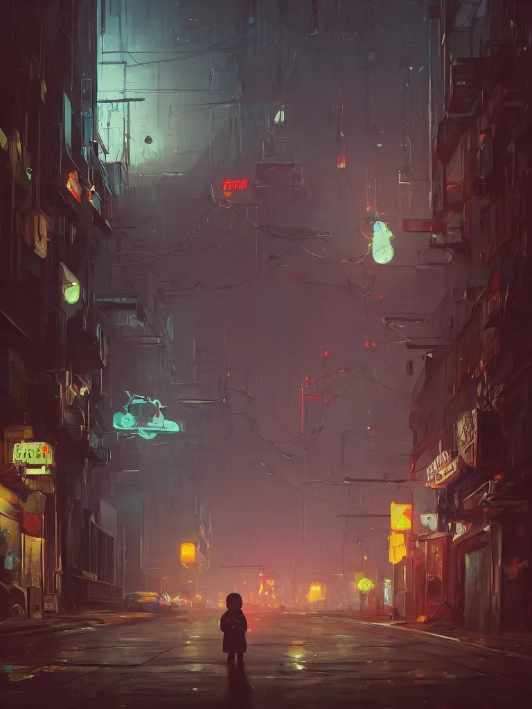 Image similar to a single little boy and a white rabbit in a dark alley city with neonlights by night a painting from stalenhag, 4 k, 8 k, hdr, artstation, concept art