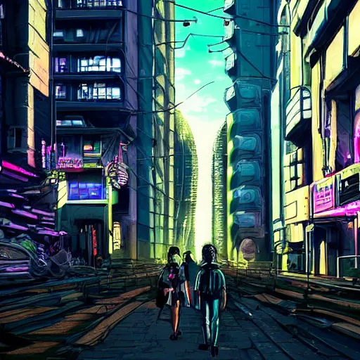 Prompt: view from front of cyperpunk citizens walking down a street in a cyberpunk city