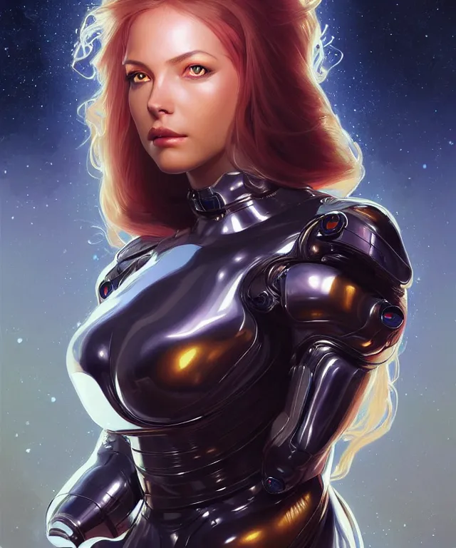 Image similar to futuristic spacesuit woman big breast portrait, sci-fi, amber eyes, face, long hair, fantasy, intricate, elegant, highly detailed, digital painting, artstation, concept art, smooth, sharp focus, illustration, art by artgerm and greg rutkowski and alphonse mucha