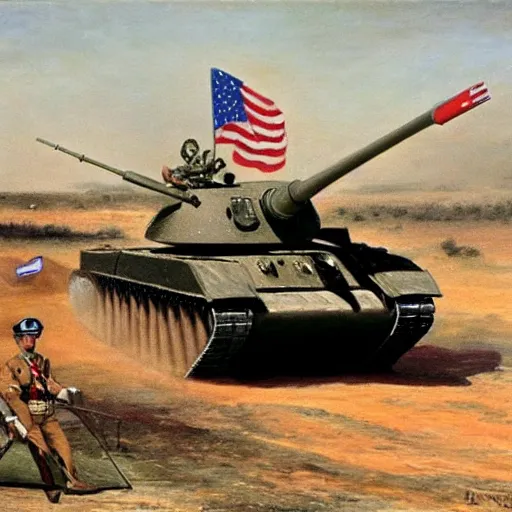 Image similar to George H.W. Bush rides in a tank leading his army against Iraq, oil on canvas, 1883