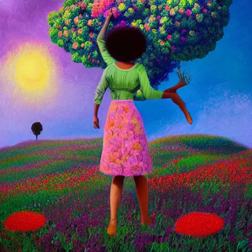 Image similar to afro made of flowers, full body, girl standing in a field with flowers, surreal photography, hills, big trees, sunrise dramatic light, impressionist painting, colorful clouds, digital painting, pointillism, artstation, simon stalenhag