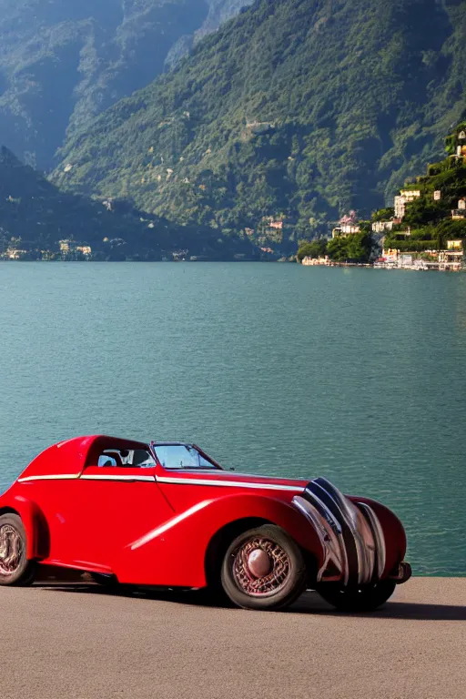 Image similar to Photo of a red 1939 Delahaye parked on a dock with Lake Como in the background, wide shot, daylight, dramatic lighting, award winning, highly detailed, 1980s, luxury lifestyle, fine art print, best selling.