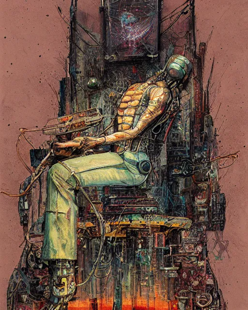 Prompt: a painting of a man sitting on top of a chair, cyberpunk art by john backderf and by ian miller and by peter de seve, cgsociety, neo - primitivism, dystopian art, biomorphic, parallax