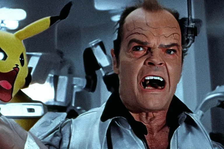 Image similar to Jack Nicholson in costume of Pikachu Terminator scene where his endoskeleton gets exposed and his eye glow red still from the film