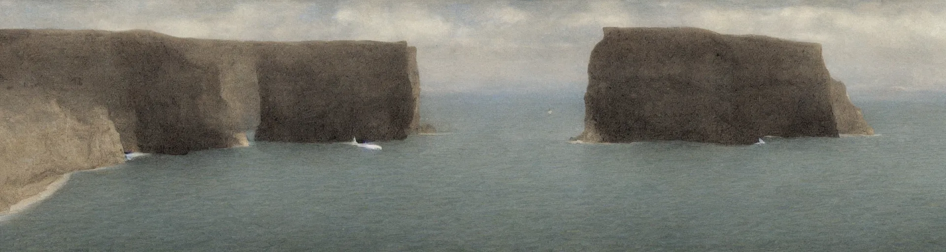 Image similar to black cliffs over water by Fernand Khnopff, matte painting