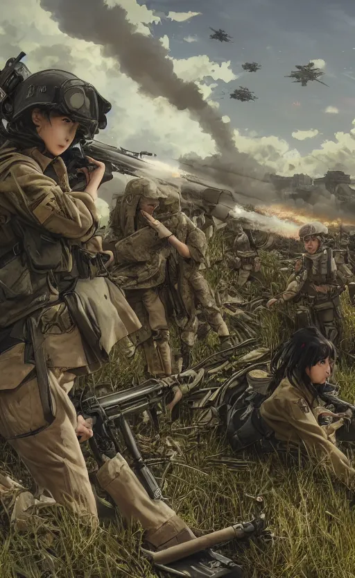 Image similar to anime style, modern warfare, panoramic view of girl under artillery fire, trench and sandbags in background, soldier clothing, hair down, symmetrical facial features, from arknights, wallpaper, trending pixiv, safebooru, volumetric modelling, think in 3 d, by alphonse mucha, greg rutkowski, sharp focus, backlit